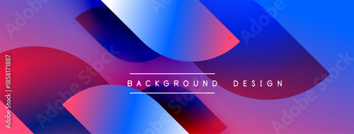Abstract fluid shapes blend vibrant colors. Purple, blue, red gradients create dynamic background design. Modern aesthetic.