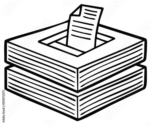 Black and white illustration of a ballot box with a paper ballot