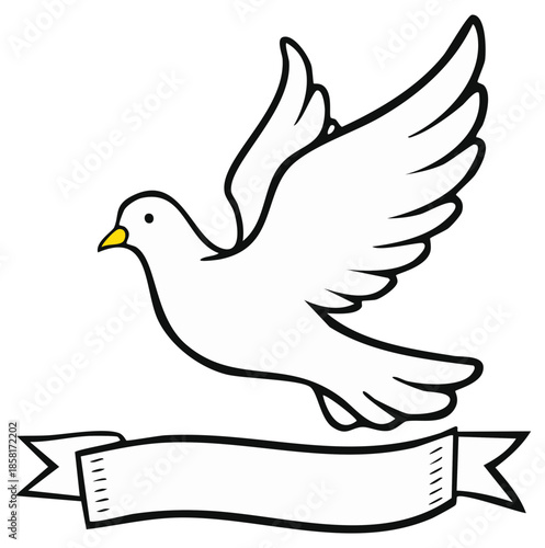 White dove in flight with blank ribbon banner for peace and freedom messages