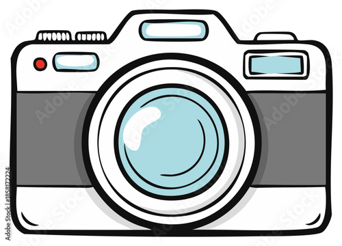 Simple cartoon digital camera illustration with bright blue lens and clean outlines