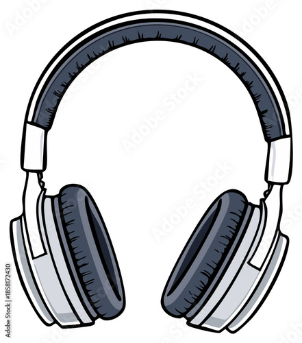 Close-up illustration of white and gray over-ear headphones with padded earcups and adjustable headband