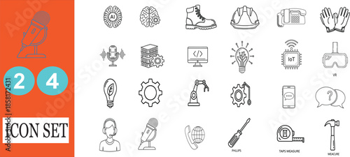 Line icons set of technology, engineering, and communication elements