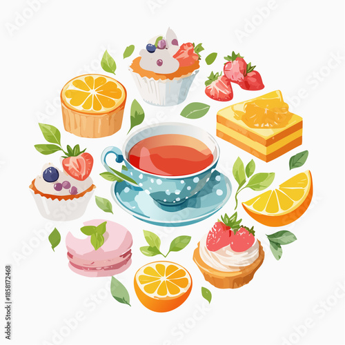 Charming watercolor illustrations of tea cups, desserts, and fruits. Perfect for afternoon tea themes and elegant presentations.