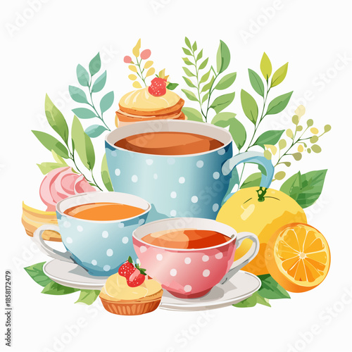 Charming watercolor illustrations of tea cups, desserts, and fruits. Perfect for afternoon tea themes and elegant presentations.