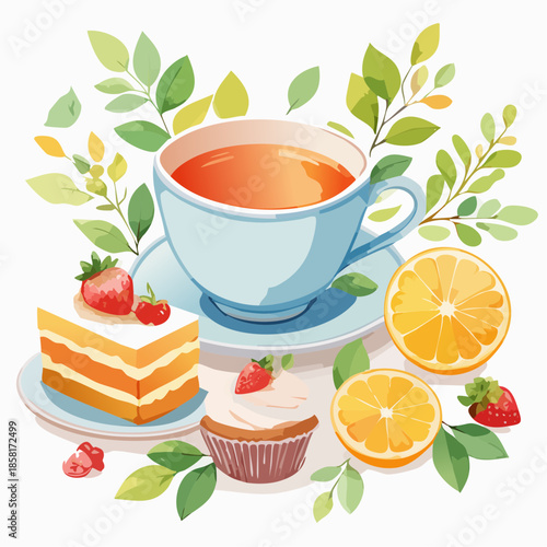 Charming watercolor illustrations of tea cups, desserts, and fruits. Perfect for afternoon tea themes and elegant presentations.