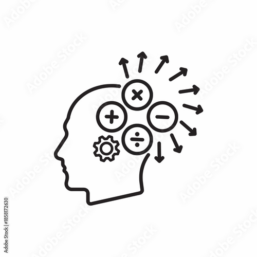 Professional concept of logical thinking and mathematical processing in human mind, minimalist line art illustration of a head with math symbols and gear icon.