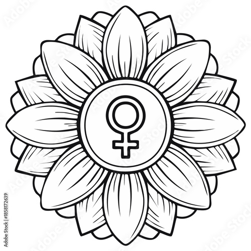 Floral emblem of womanhood featuring female gender symbol in artistic outline design.