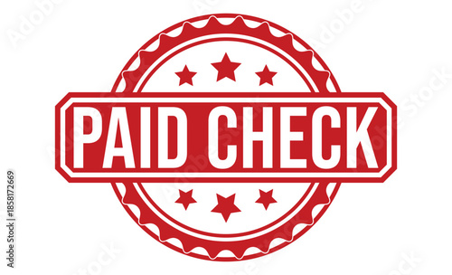 A red paid check stamp with white text and stars on a white background