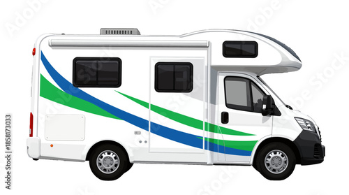 Modern White Camper Van Illustration with Blue and Green Stripes