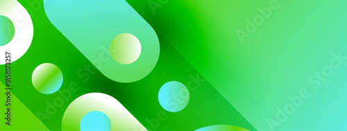 Abstract background features vibrant green, teal bubbles. Gradient shades create modern, dynamic visual effect. Clean design.