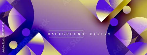Abstract purple, gold gradients create dynamic shapes. Circles, triangles overlap forming modern background design. Smooth transitions present visual harmony.