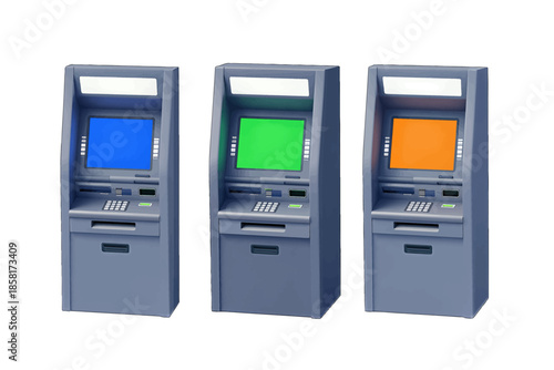Three ATM Machines in Blue, Green, and Orange