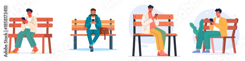 Flat Vector Illustration Set Showing a person Sitting on a Wooden Bench and Using a Mobile Phone