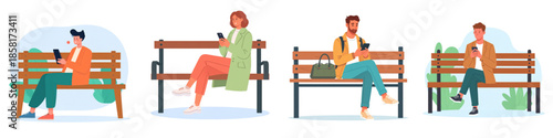 Set of Flat Style Vector Illustrations of a Man Using a Smartphone While Sitting on a Wooden Bench