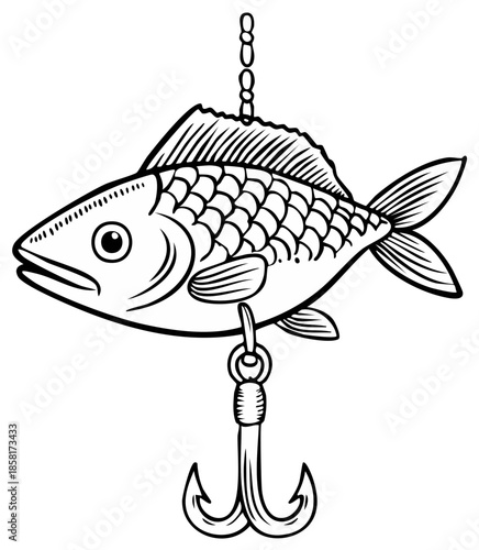 Ink drawing of a fish caught by a hook suspended from a chain.