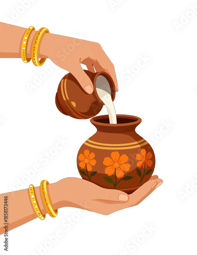 Traditional Indian Hands Pouring Milk Into Decorated Earthen Pot