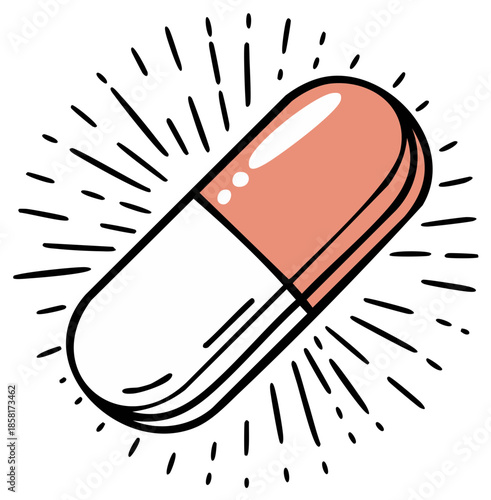 Pill illustration with radiating sunburst behind it showcases medicine in a bold and graphic way for pharmaceutical use and medical treatments