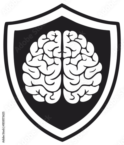 Brain health defense icon: Human brain graphic protected by shield outline; symbol of mental health security, protection, care concept