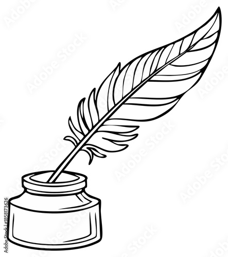 Elegant quill pen in inkwell illustration, vector drawing of feather for calligraphy and writing concept