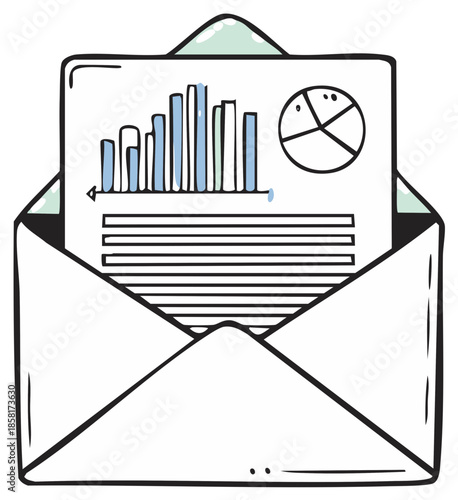 Illustrated open envelope containing a document with business data charts and graphs.