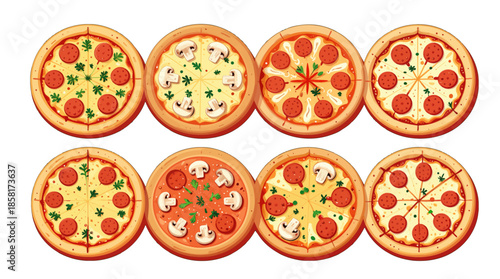 Variety of Colorful Pizza Illustrations in Flat Design Style