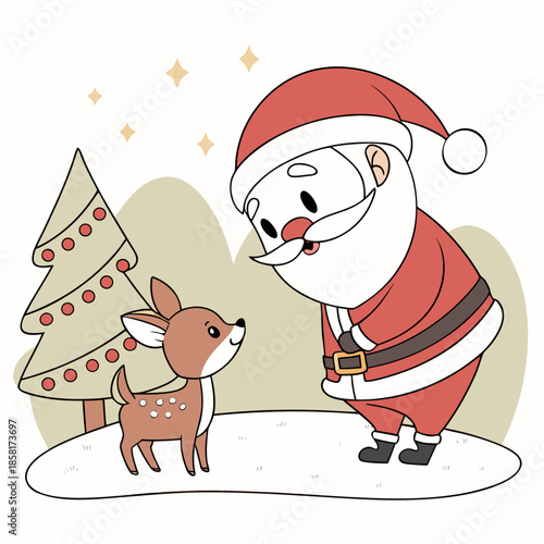 a charming illustration depicts santa claus bending down to greet a spotted fawn near a decorated christmas tree