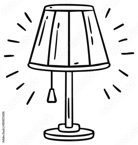 Illuminated bedside lamp with radiating light, simple line art illustration