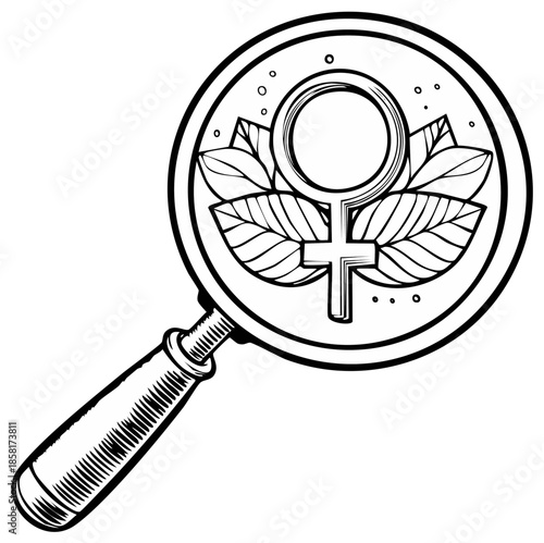 Magnifying glass examines female symbol with leaves symbolizing nature and growth concept