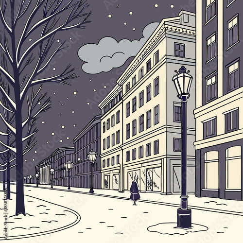 a quiet winter evening depicts a snow covered street with vintage buildings and a lone figure walking by