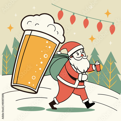 a whimsical illustration depicts santa claus carrying a large beer and a festive bag adorned with christmas lights and pine