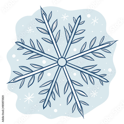 A delicate illustration of a snowflake composed of leafy branches against a pale blue speckled background representing winter s beauty