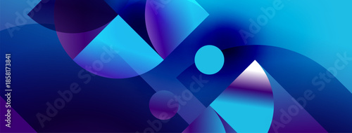 Abstract composition features flowing shapes, vibrant blues, purples. Dynamic curves create sense movement, depth. Modern design.