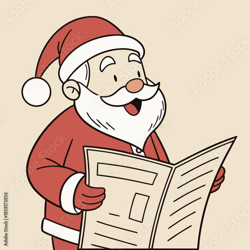 A cheerful santa claus is depicted reading a newspaper with a warm smile embodying the spirit of festive joy and
