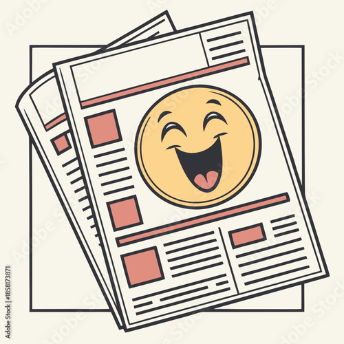 A stack of newspapers featuring a smiling face suggesting positive news and cheerful content within the pages