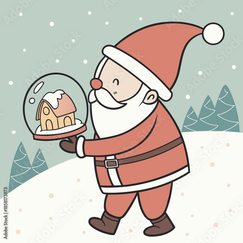 A cheerful santa claus lovingly presents a miniature snow globe containing a cozy winter house on a snowy landscape
