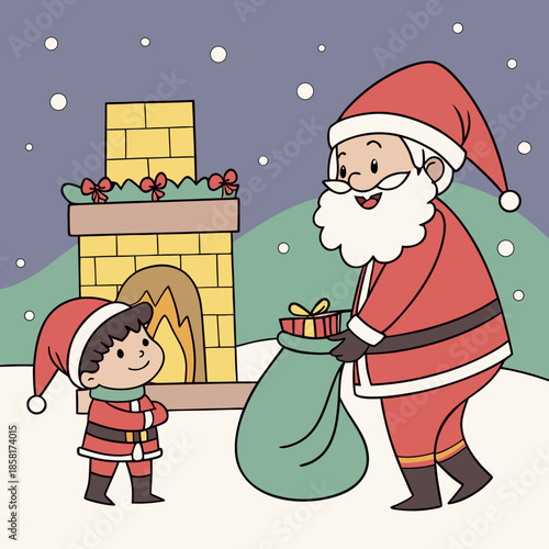 a festive illustration depicts santa claus with a child near a fireplace exchanging gifts during the holiday season