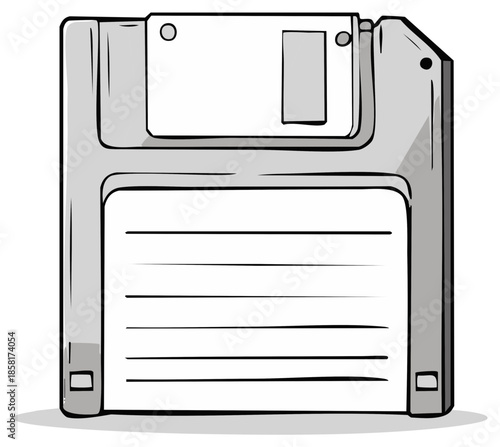 Cartoon style illustration of a vintage floppy disk for data storage representing obsolete technology and nostalgic computer era