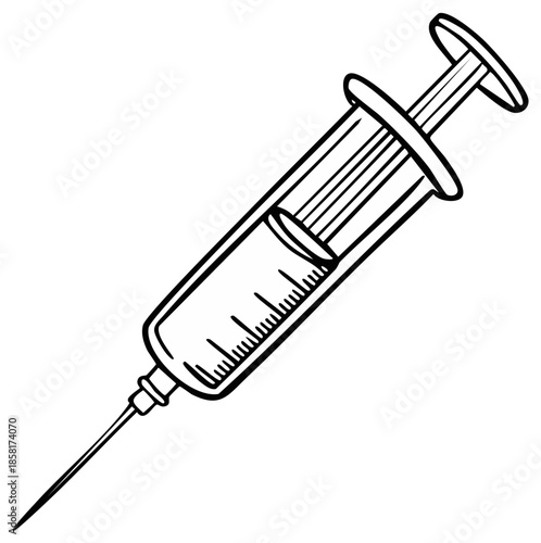 Medical syringe with needle and liquid for injection in black and white line art illustration
