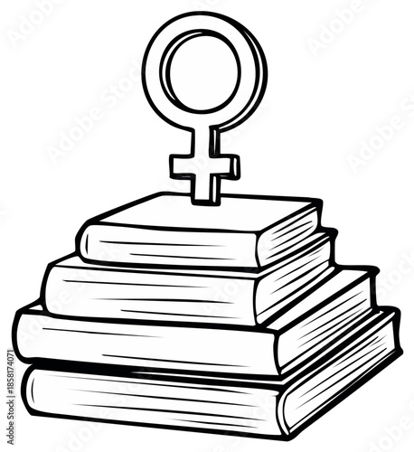 Feminist Symbol on Book Stack Illustrating Women's Education and Knowledge Advancement