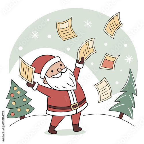 A cheerful santa claus is joyfully tossing documents into the air amidst winter scenery and festive christmas trees