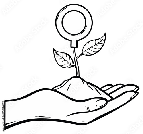 Female symbol growing from seedling held in open hand, symbolizing growth and female empowerment