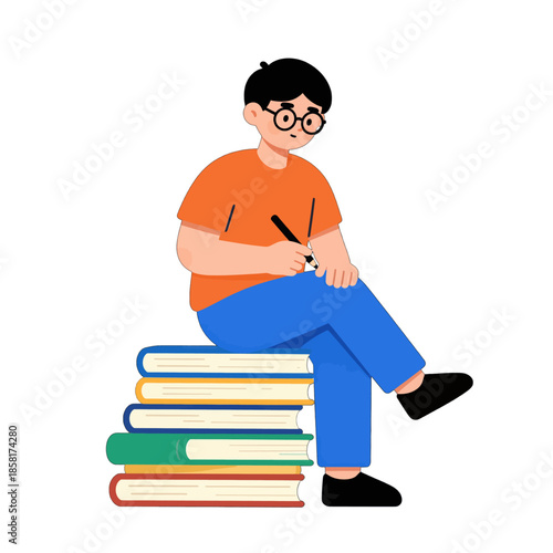 Young Boy in Glasses Sitting on Stack of Books