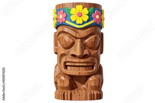 Wooden Tiki Statue with Colorful Flower Crown Illustration