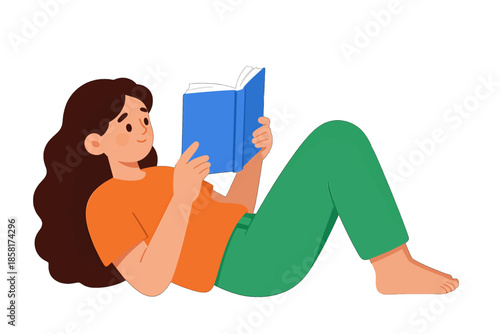 Young Woman Reading Book Lying Down Illustration