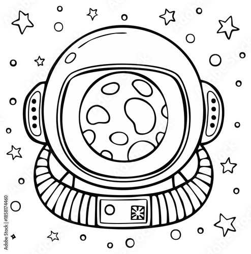 Astronaut helmet with moon view surrounded by stars, black and white illustration