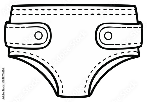 Simple contoured cloth diaper illustration with button closures on tabs, black and white outline