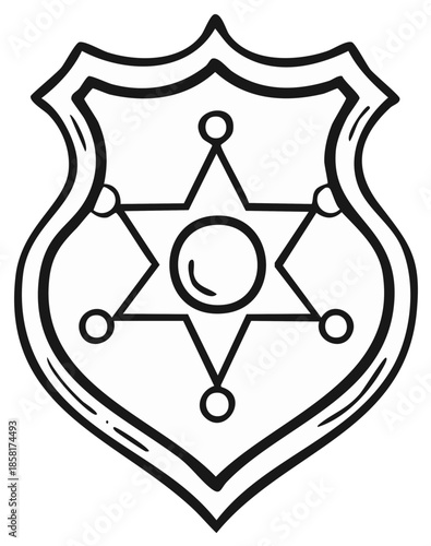 Sheriff badge drawing. Police emblem with six-pointed star, isolated.
