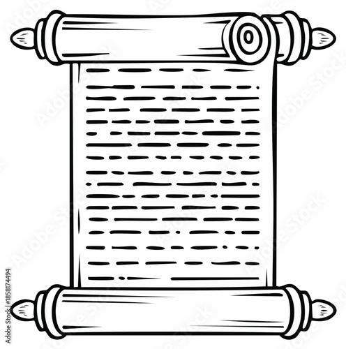 Hand drawn illustration of an ancient scroll with text and wooden rollers on a white background