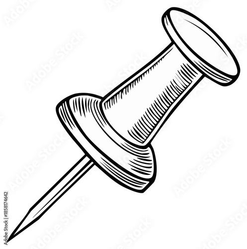 Detailed black and white illustration of a push pin with engraved style.