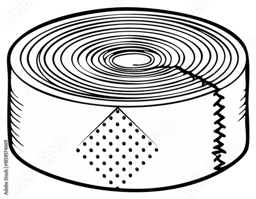 Outline Illustration of a Roll of Medical Tape with Dotted Square and Torn Edge, Hand Drawn Style